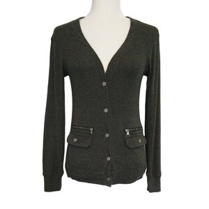 Lauren Jeans Co. 100% Cotton Heather Gray V-Neck Snap Cardigan Zip Pockets